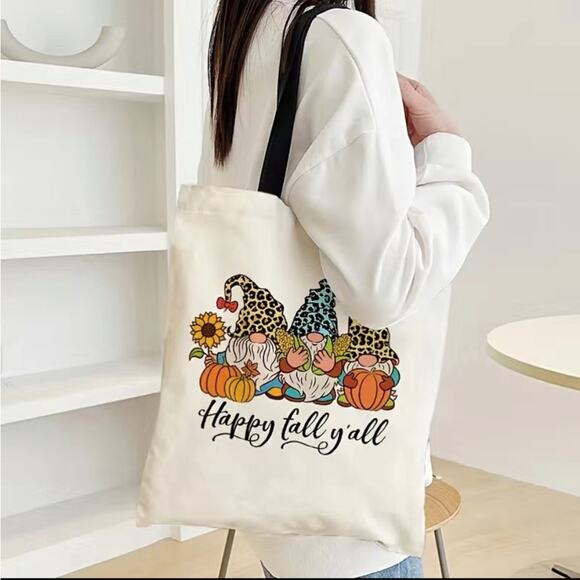 Women's Leopard Hat Fall Gnome  Pattern Canvas Tote Bag - Picture 1 of 8
